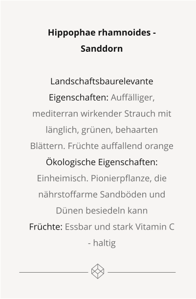 Hippophae rhamnoides - Sanddorn  Landschaftsbaurelevante Eigenschaften: Auffälliger, mediterran wirkender Strauch mit länglich, grünen, behaarten Blättern. Früchte auffallend orange Ökologische Eigenschaften: Einheimisch. Pionierpflanze, die nährstoffarme Sandböden und Dünen besiedeln kann Früchte: Essbar und stark Vitamin C - haltig